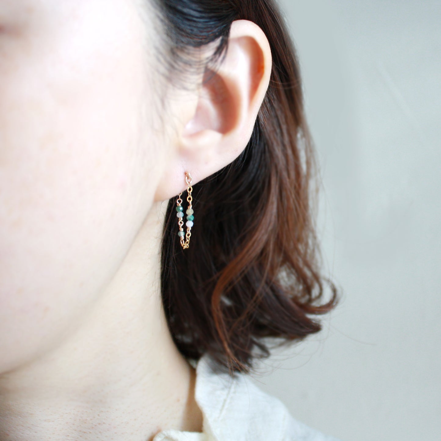 Tiny Gemstone Chain Hoop Stud Earrings - Moss Agate