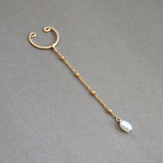 Pearl Saturn Chain Dangle Ear Cuff - Long