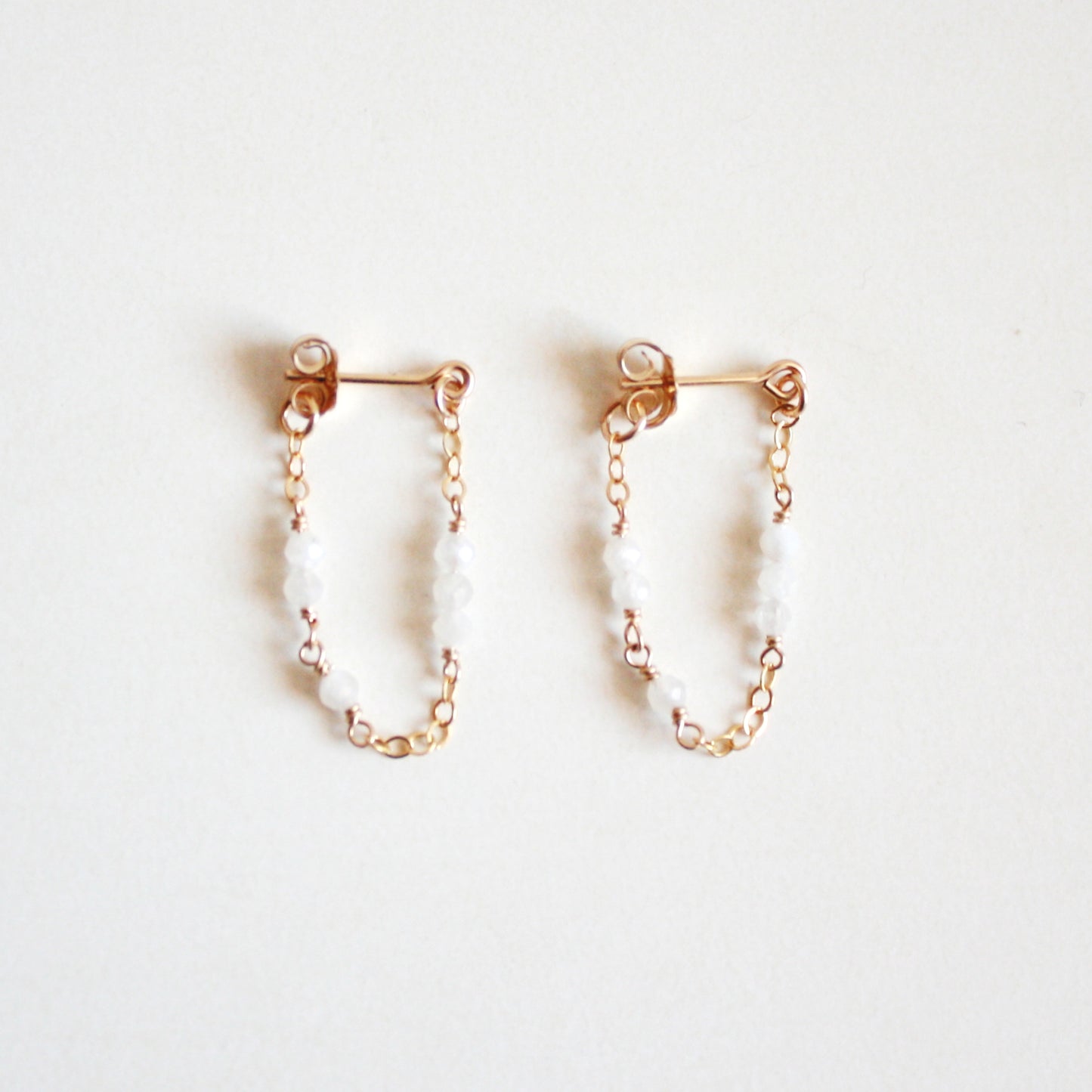 Tiny Gemstone Chain Hoop Stud Earrings - Moonstone