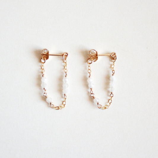 Tiny Gemstone Chain Hoop Stud Earrings - Moonstone