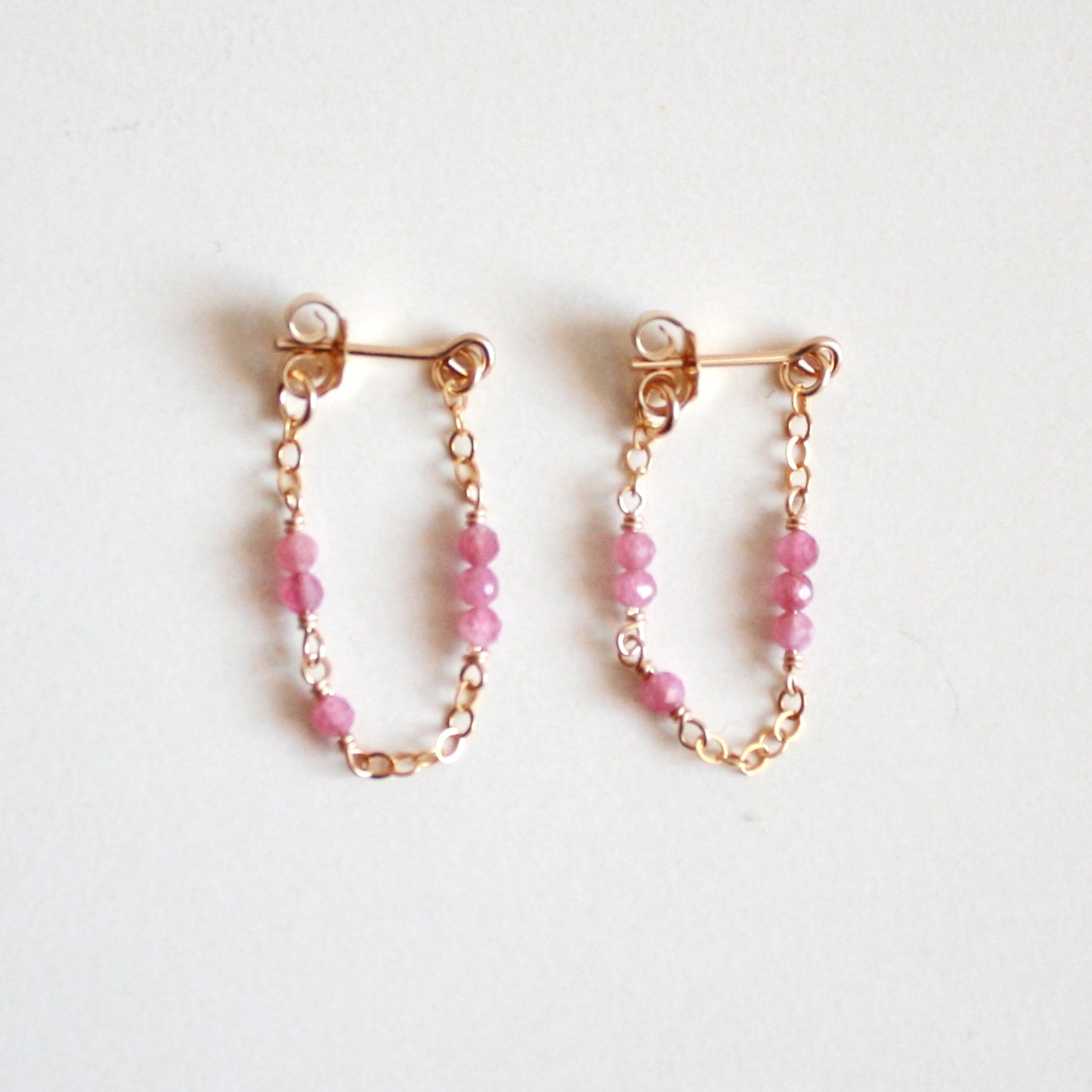 Tiny Gemstone Chain Hoop Stud Earrings - Pink Tourmaline