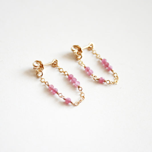 Tiny Gemstone Chain Hoop Stud Earrings - Pink Tourmaline
