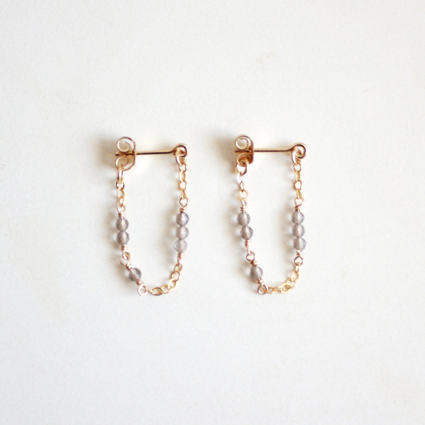 Tiny Gemstone Chain Hoop Stud Earrings - Smoky Quartz