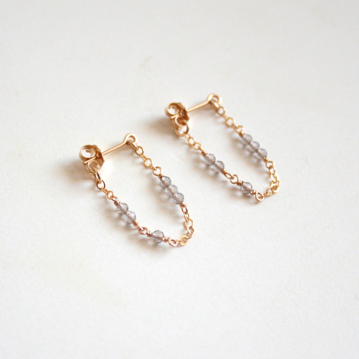 Tiny Gemstone Chain Hoop Stud Earrings - Smoky Quartz