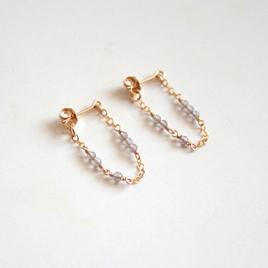 Tiny Gemstone Chain Hoop Stud Earrings - Smoky Quartz