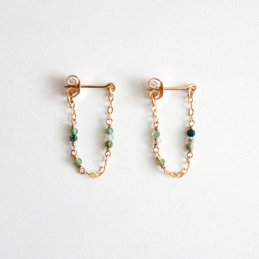 Tiny Gemstone Chain Hoop Stud Earrings - Moss Agate