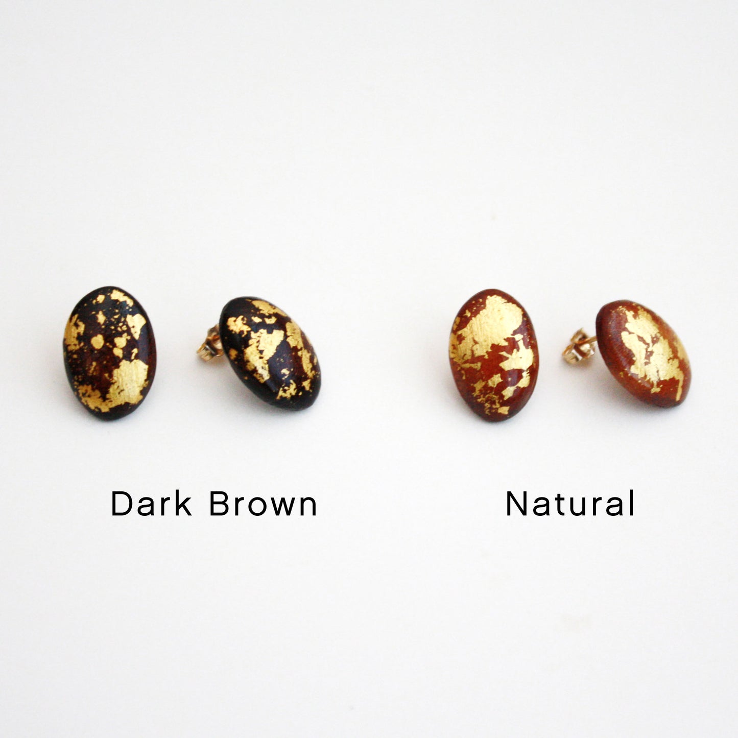 Wood Stud Earrings with Gold Leaf - Oval