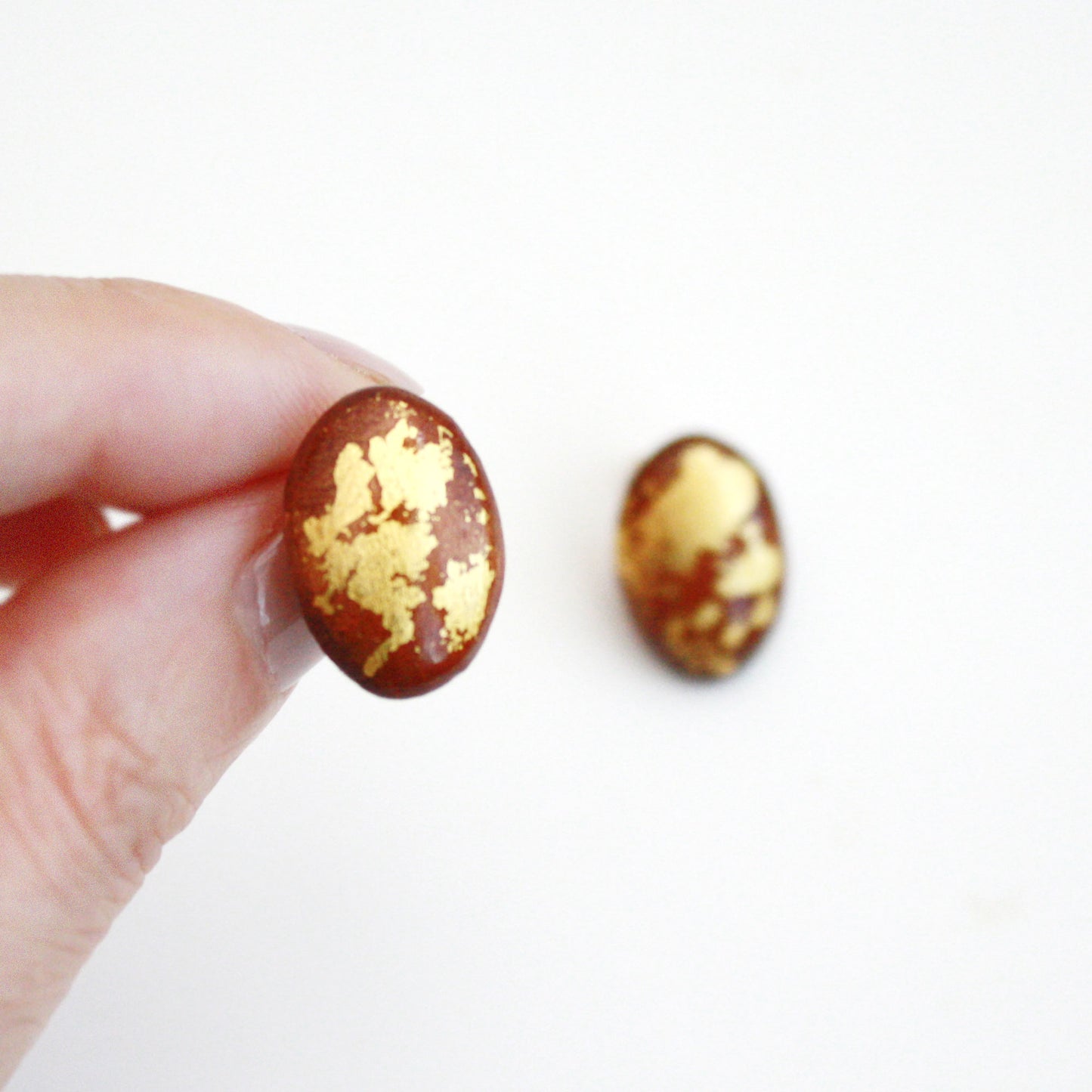 Wood Stud Earrings with Gold Leaf - Oval