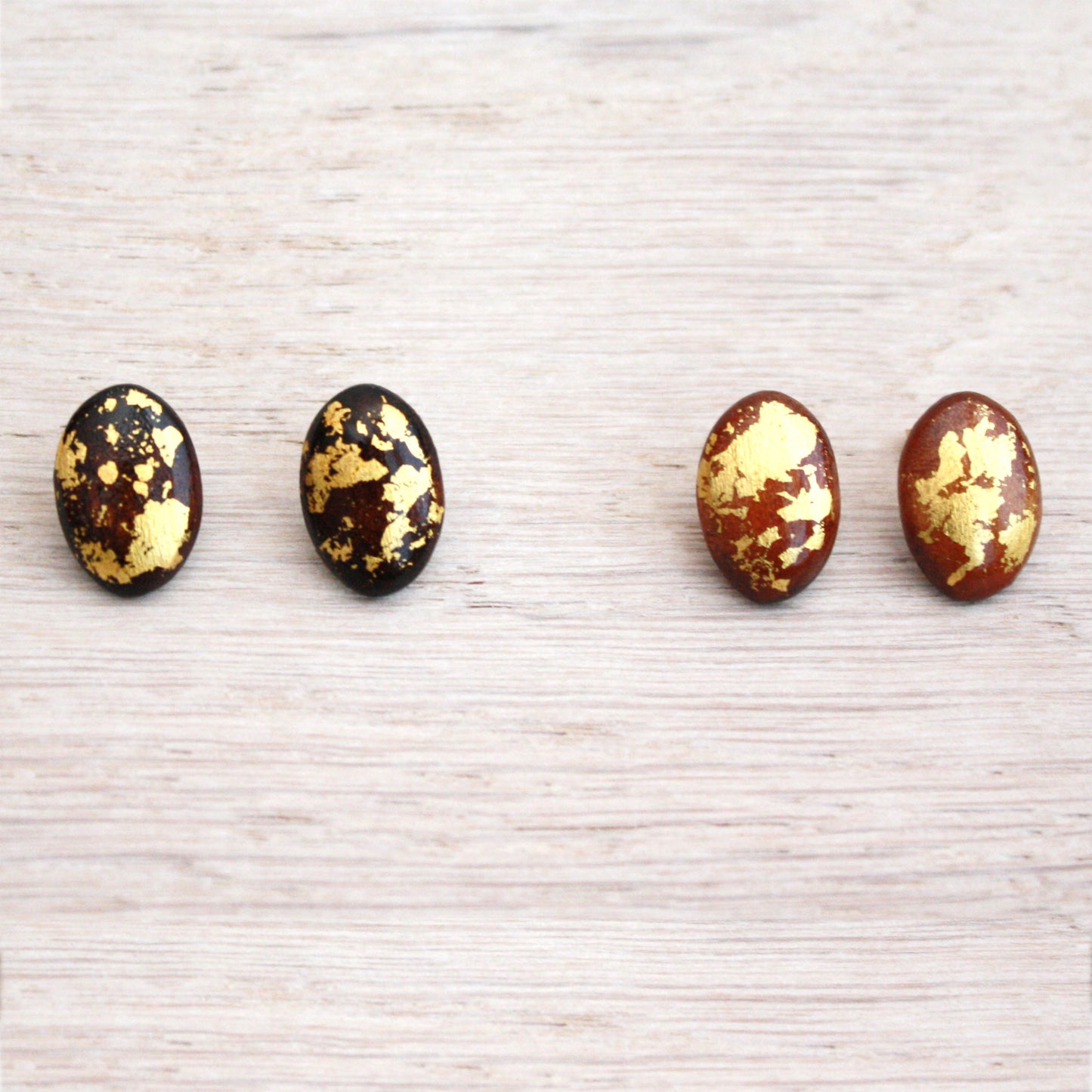 Wood Stud Earrings with Gold Leaf - Oval