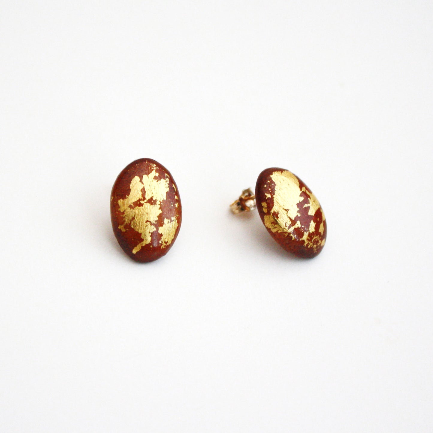 Wood Stud Earrings with Gold Leaf - Oval