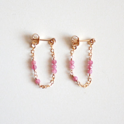 Tiny Gemstone Chain Hoop Stud Earrings - Pink Tourmaline