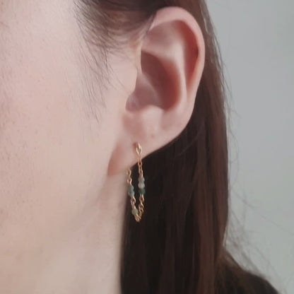 Tiny Gemstone Chain Hoop Stud Earrings - Moonstone