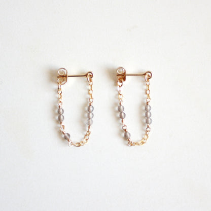 Tiny Gemstone Chain Hoop Stud Earrings - Smoky Quartz
