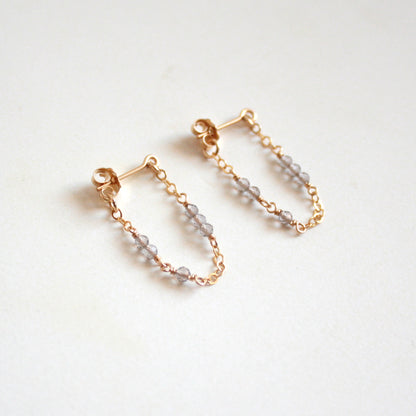 Tiny Gemstone Chain Hoop Stud Earrings - Smoky Quartz