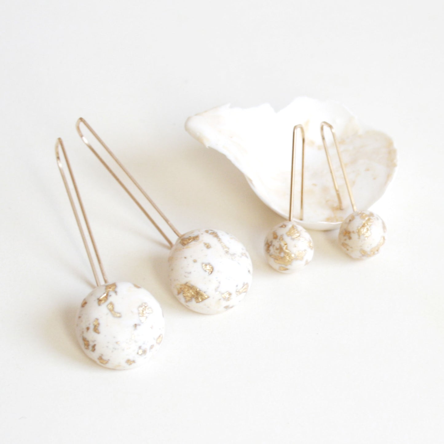 Small White Dome Earrings with Gold Flakes