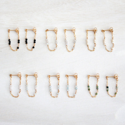 Tiny Gemstone Chain Hoop Stud Earrings