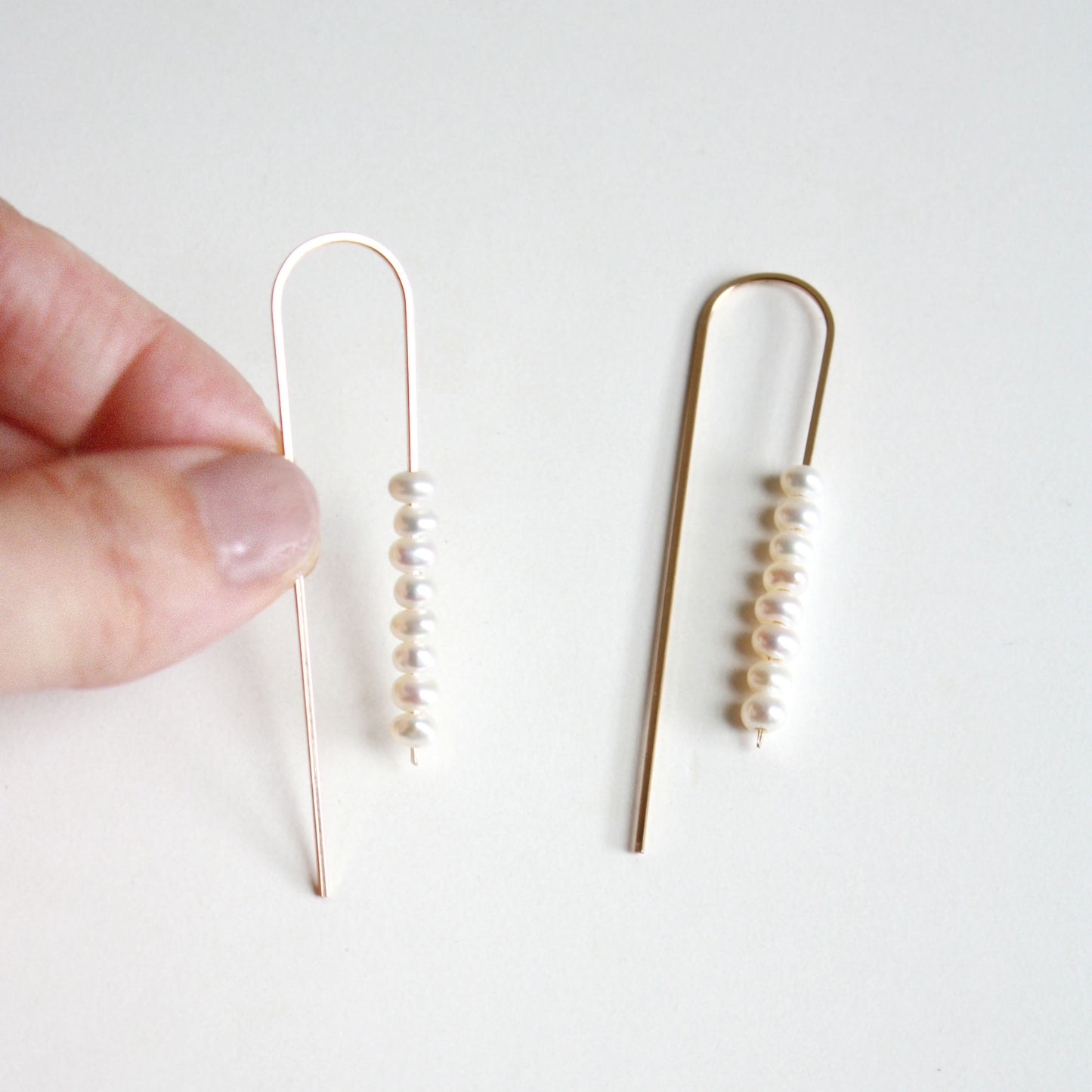 Long Arc Threader Earrings - Small Multiple Pearls
