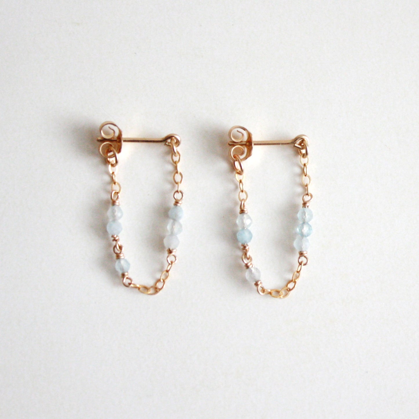 Tiny Gemstone Chain Hoop Stud Earrings - Aquamarine