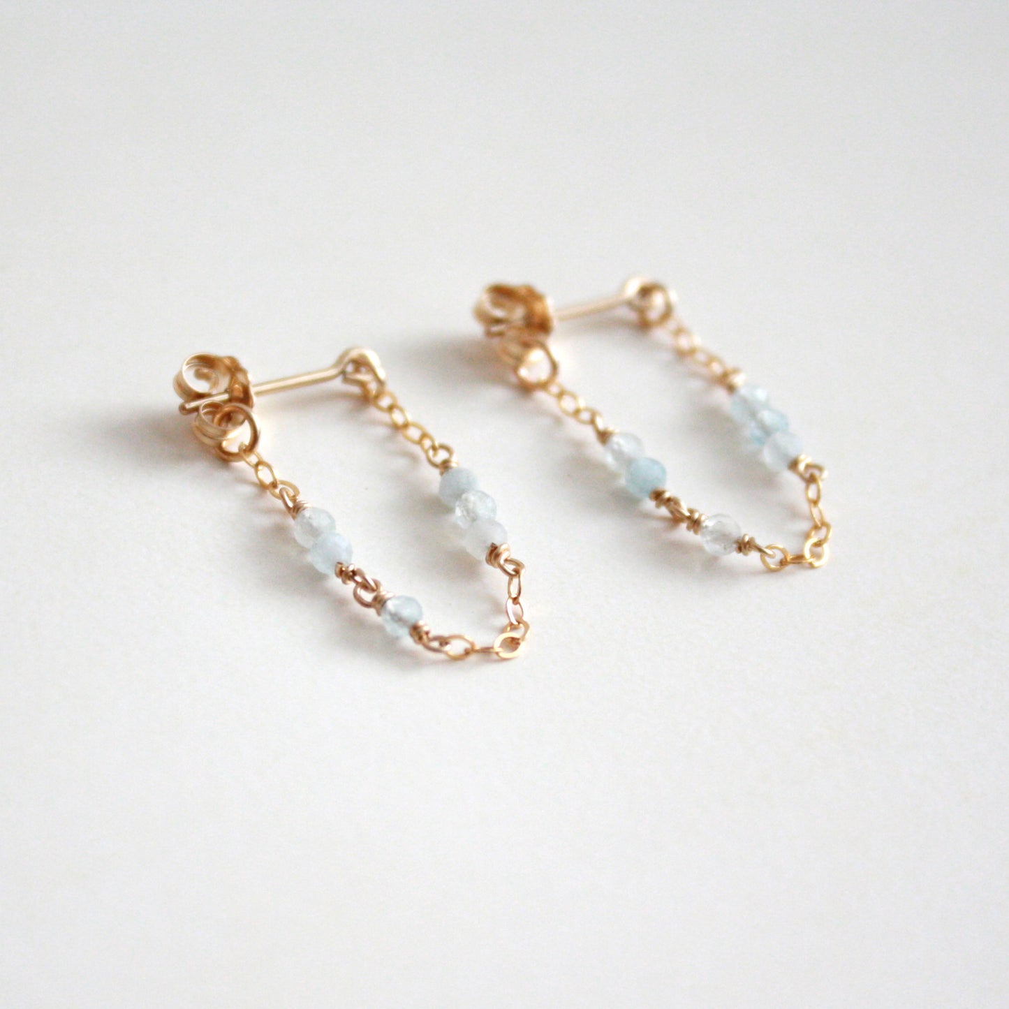 Tiny Gemstone Chain Hoop Stud Earrings - Aquamarine