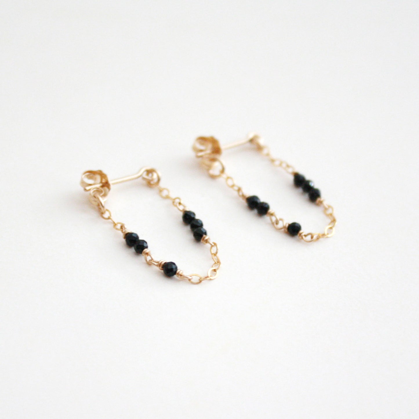 Tiny Gemstone Chain Hoop Stud Earrings - Black Spinel