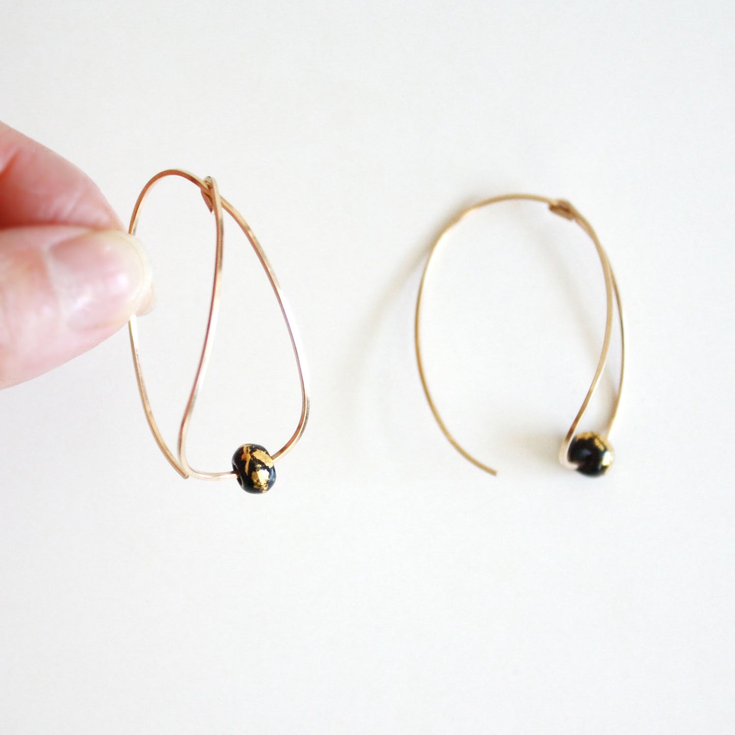 Teardrop Hoop Earrings - Gold Leaf - Black
