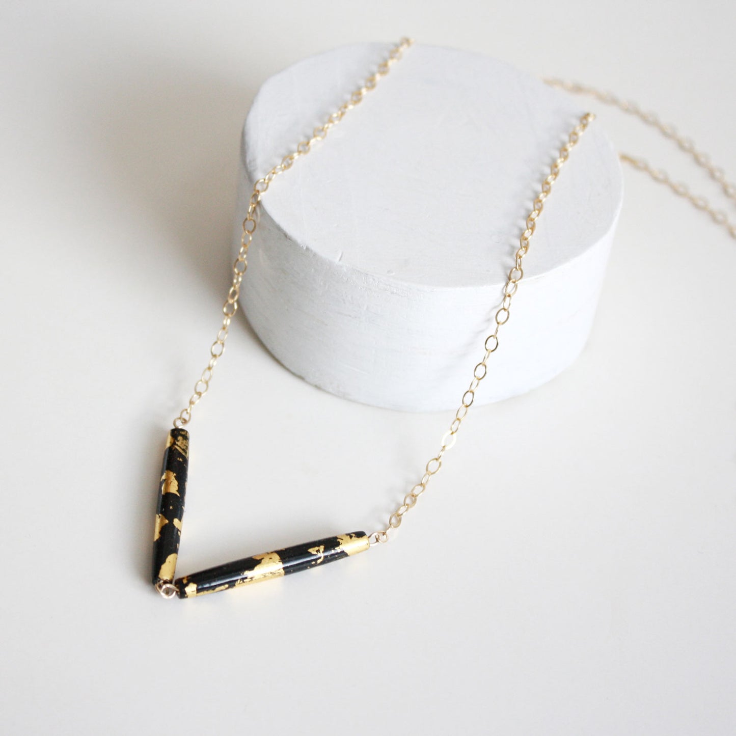 Gold Leaf Long Necklace - Double Tubes