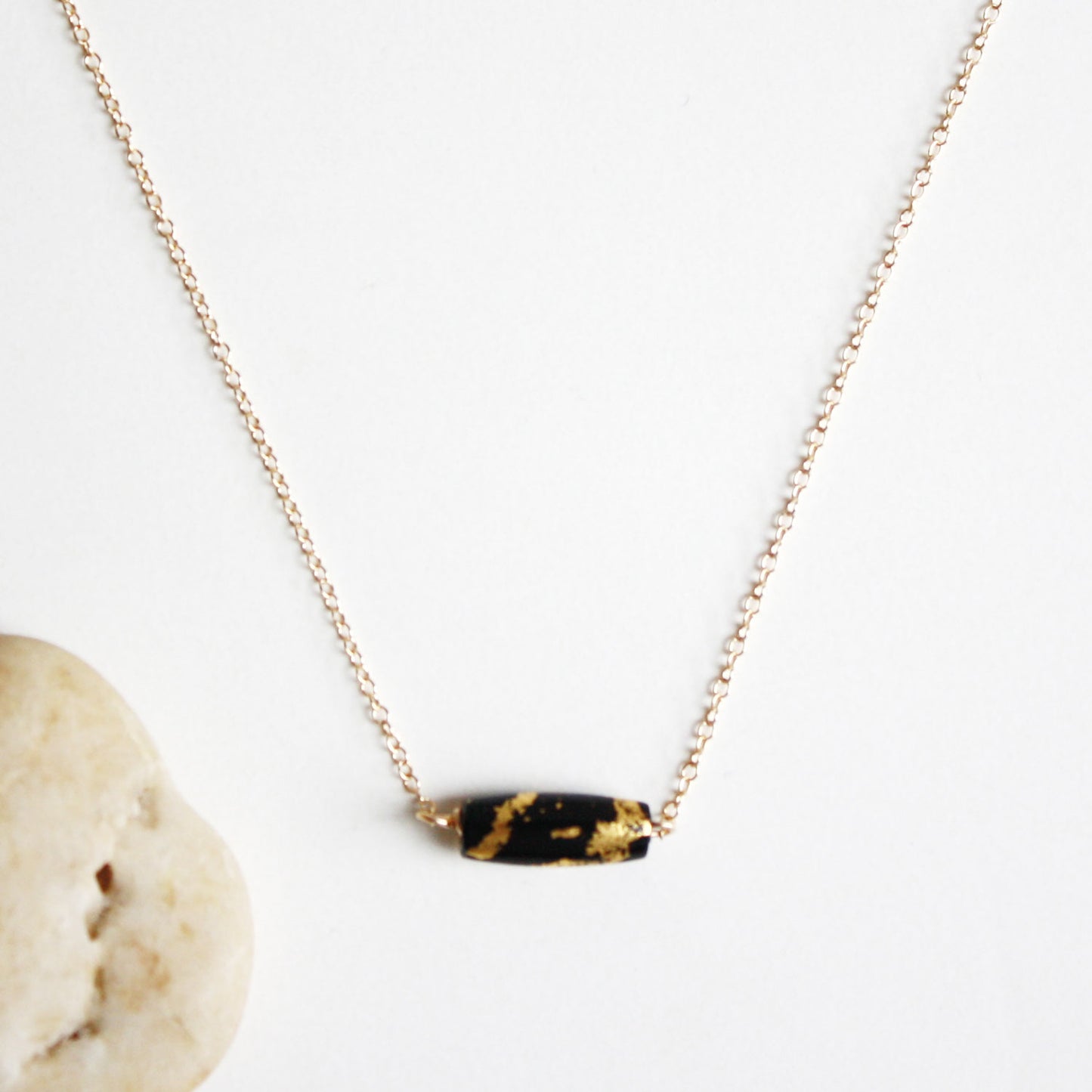 Gold Leaf Necklace - Black Tube - Short