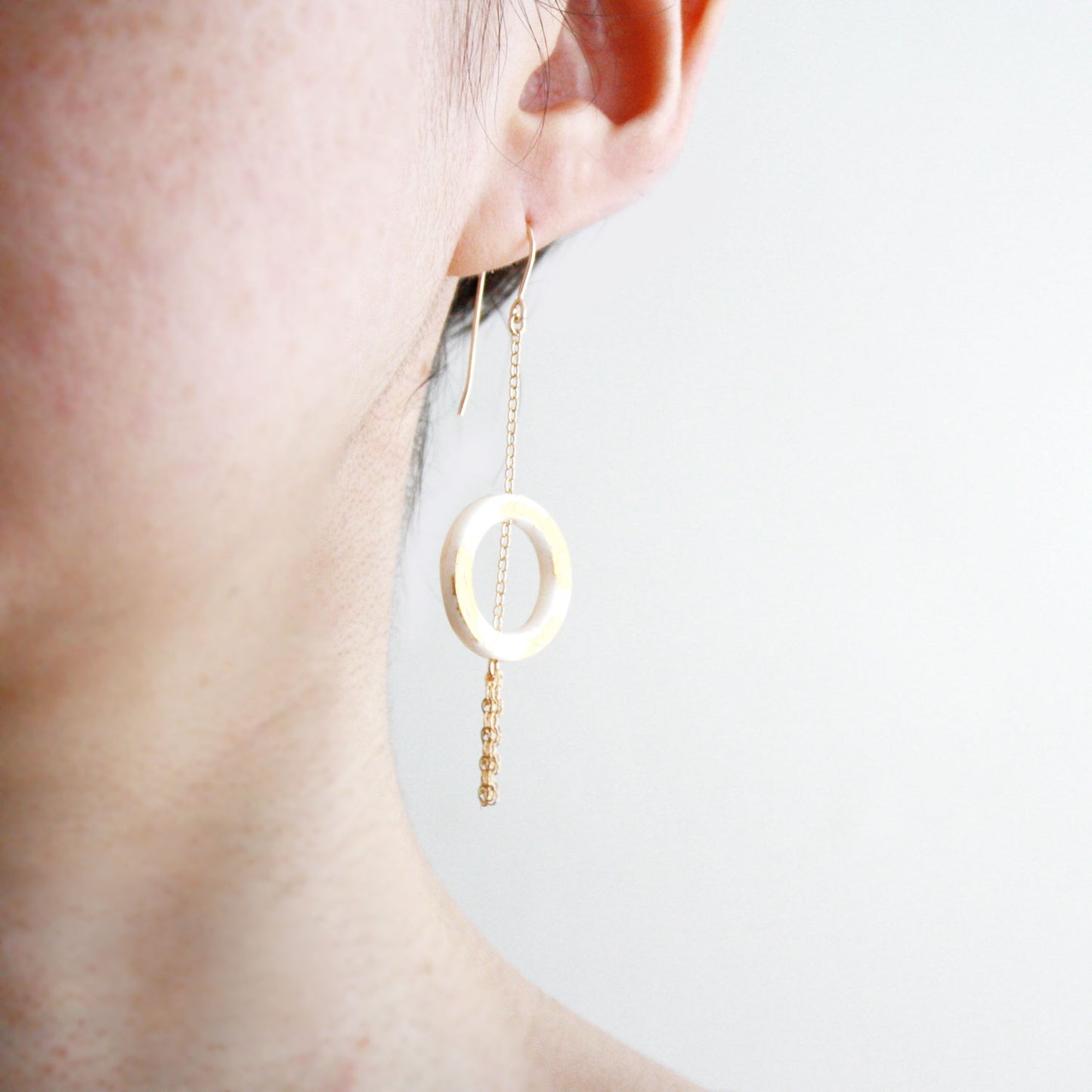 Gold Leaf Earrings - Ring & Tassel - White