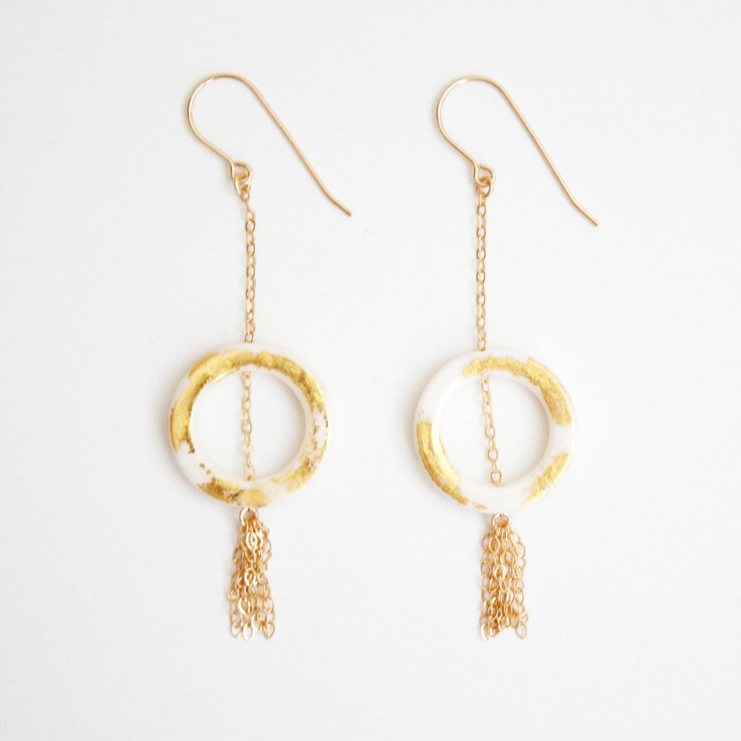 Gold Leaf Earrings - Ring & Tassel - White
