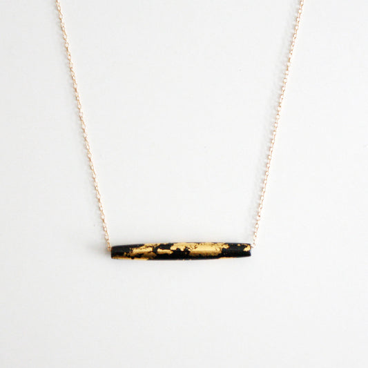 Gold Leaf Necklace - Black Tube - Long