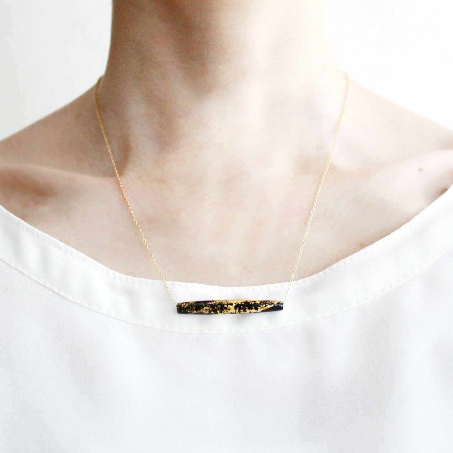 Gold Leaf Necklace - Black Tube - Long