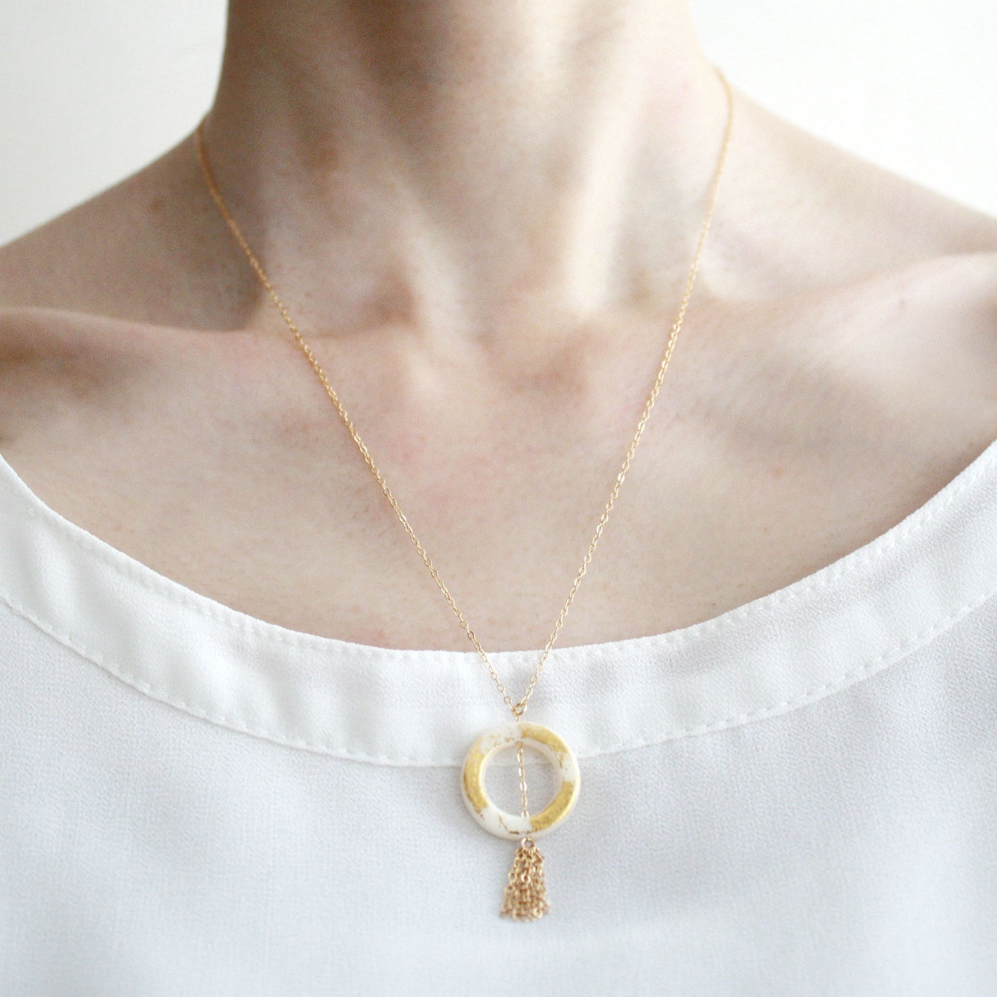 Gold Leaf Necklace - Ring & Tassel - Black