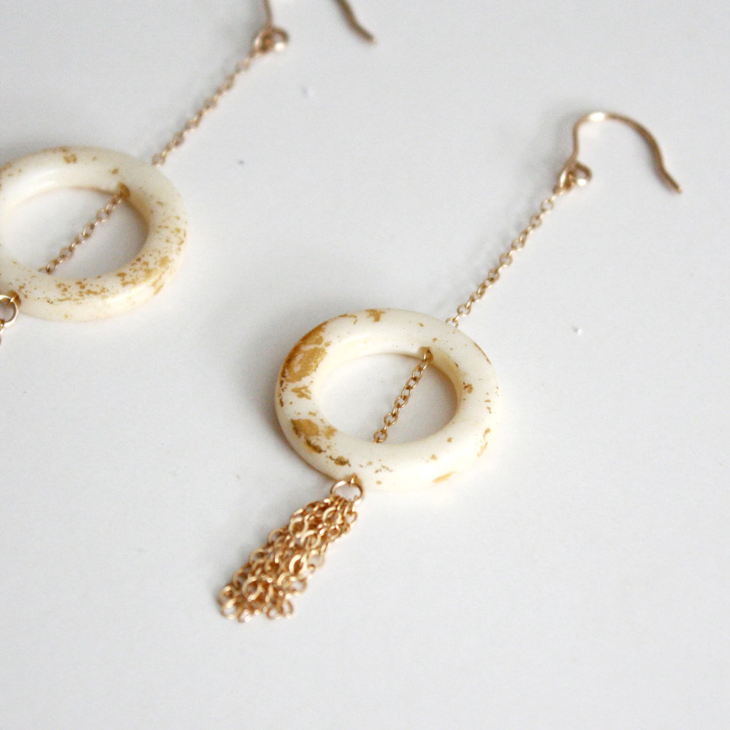 Gold Leaf Earrings - Ring & Tassel - White