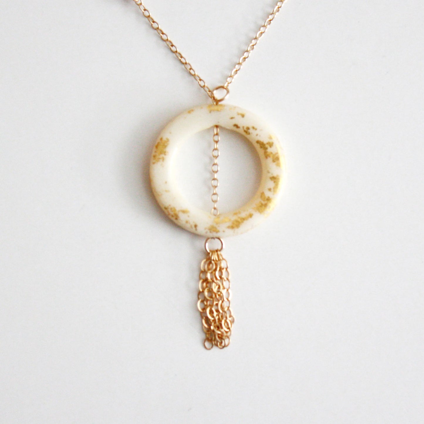 Gold Leaf Necklace - Ring & Tassel - White