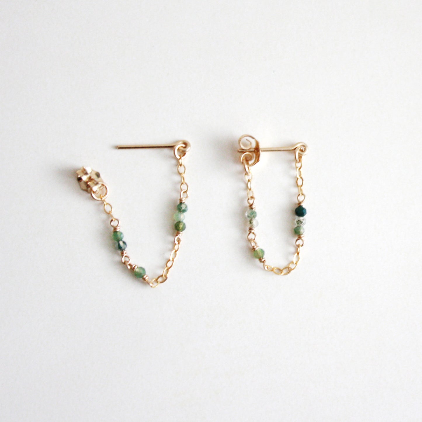 Tiny Gemstone Chain Hoop Stud Earrings - Aquamarine