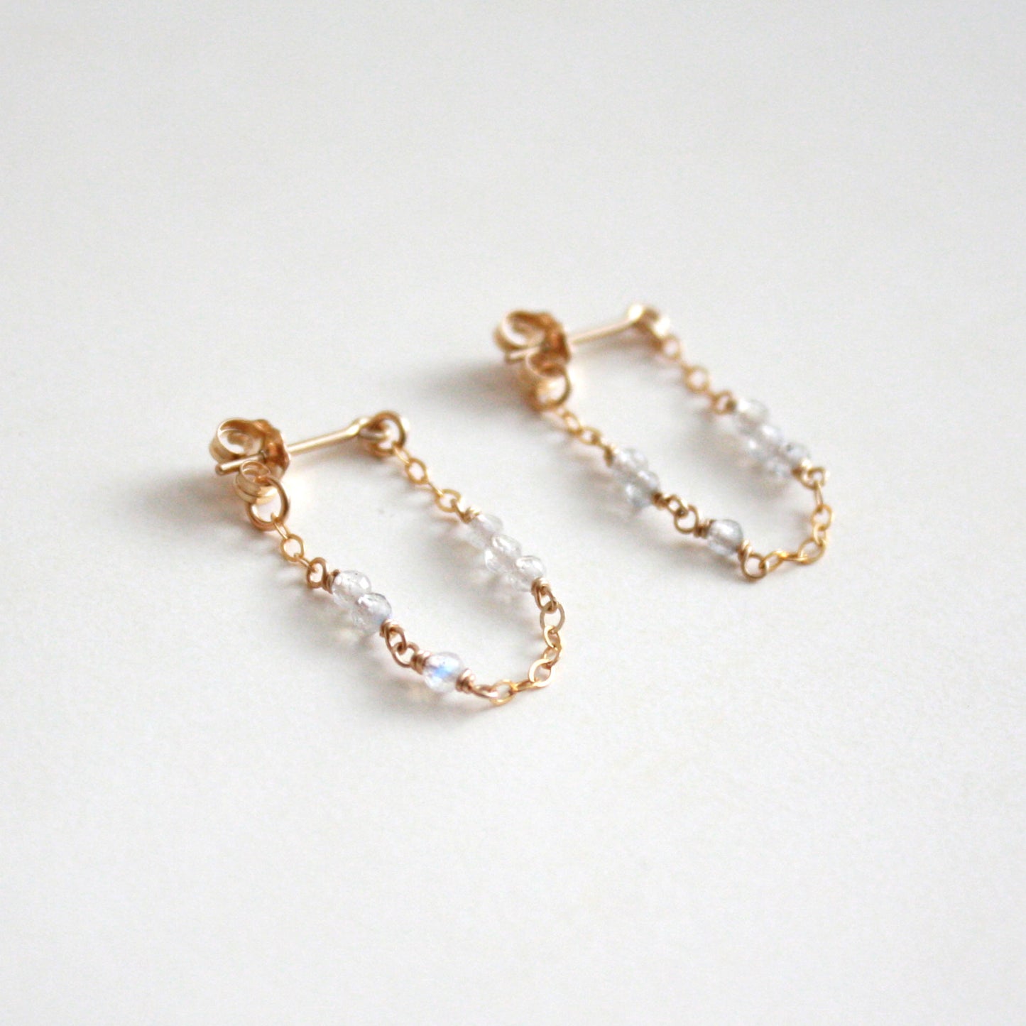 Tiny Gemstone Chain Hoop Stud Earrings - Labradorite