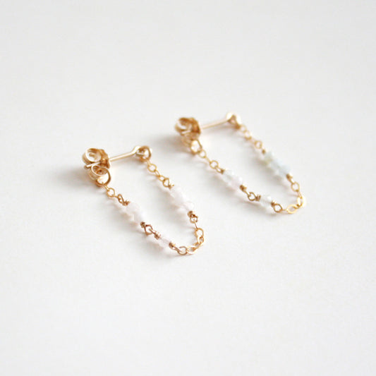 Tiny Gemstone Chain Hoop Stud Earrings - Morganite