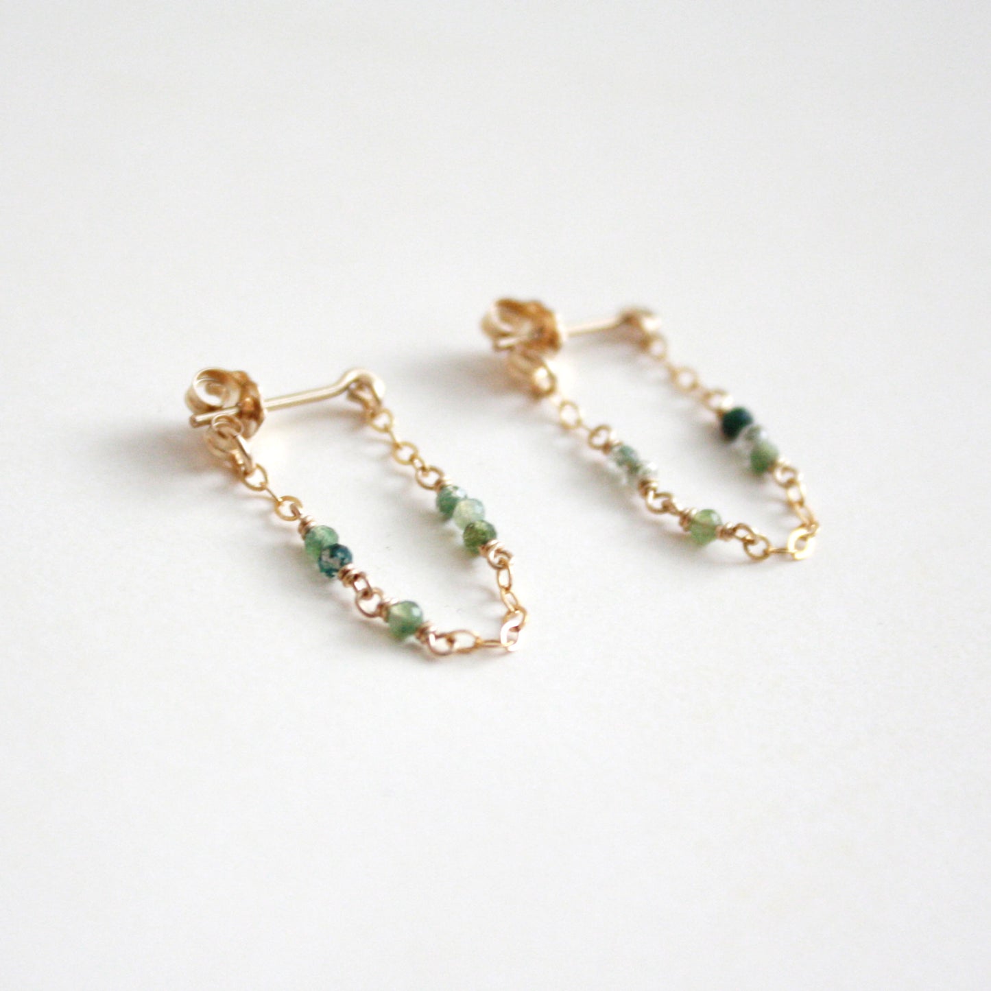 Tiny Gemstone Chain Hoop Stud Earrings - Moss Agate