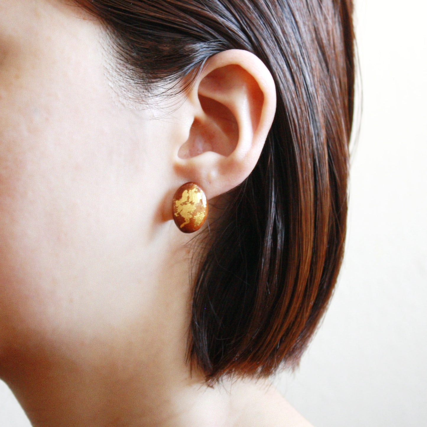 Wood Stud Earrings with Gold Leaf - Oval