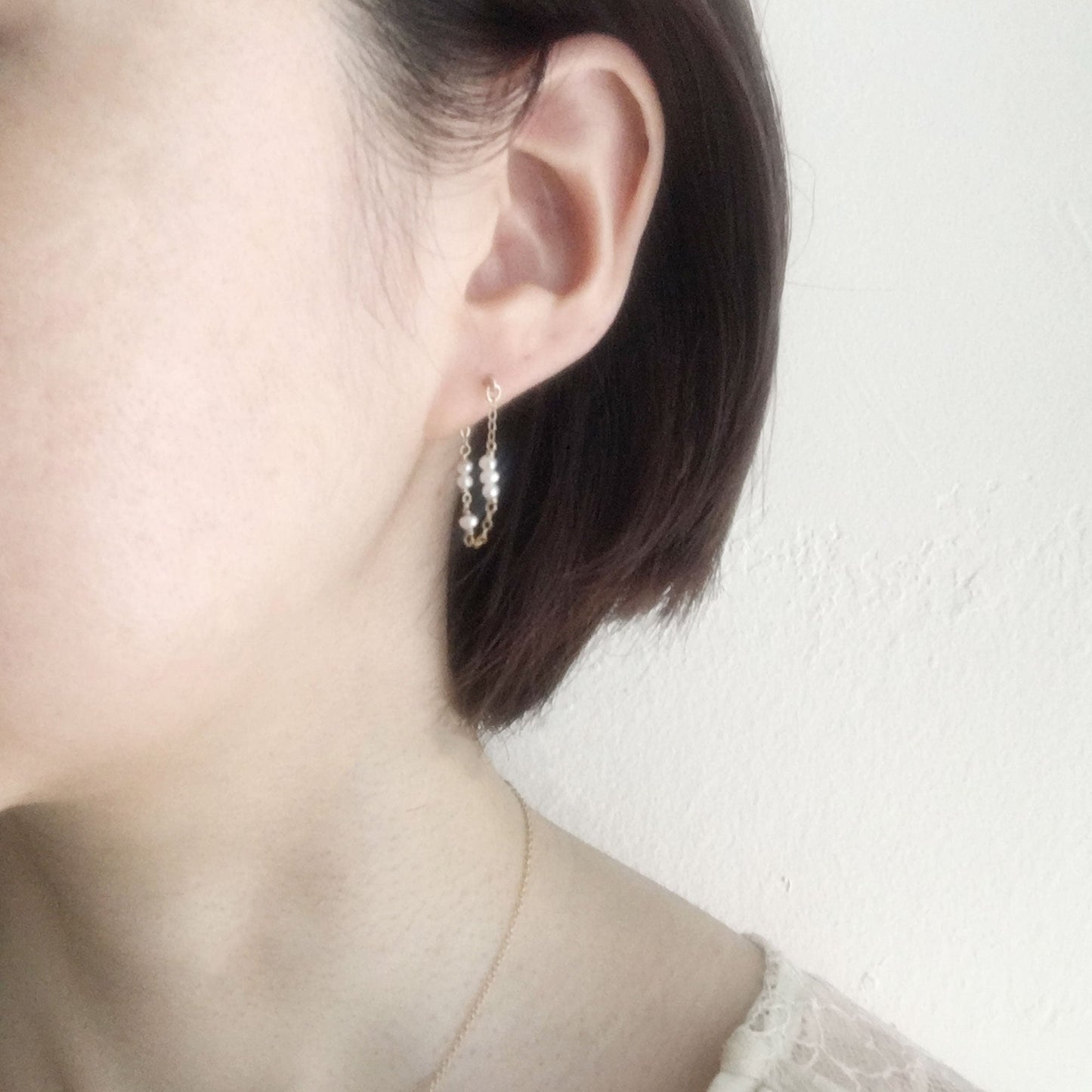 Tiny Gemstone Chain Hoop Stud Earrings - Moss Agate