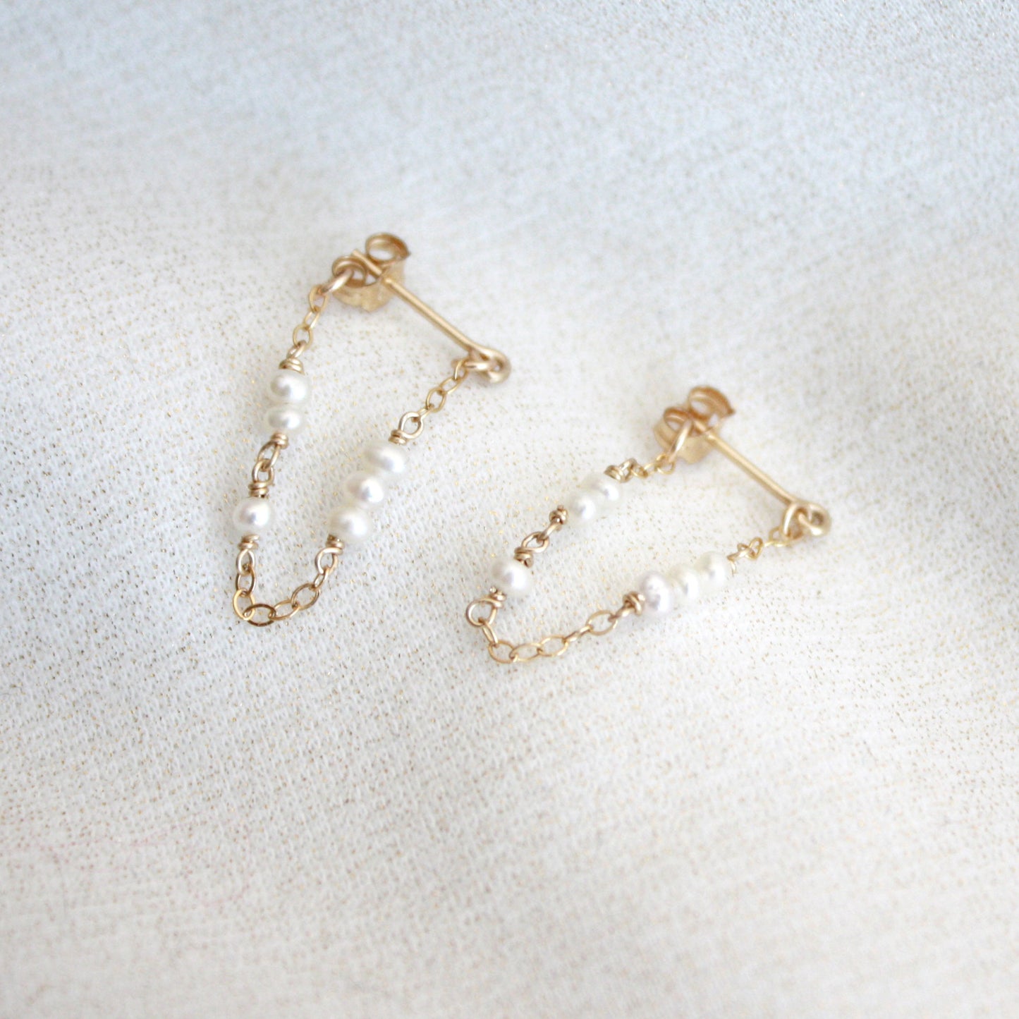 Tiny Pearl Chain Hoop Stud Earrings