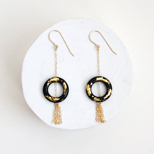 Gold Leaf Earrings - Ring & Tassel - Black