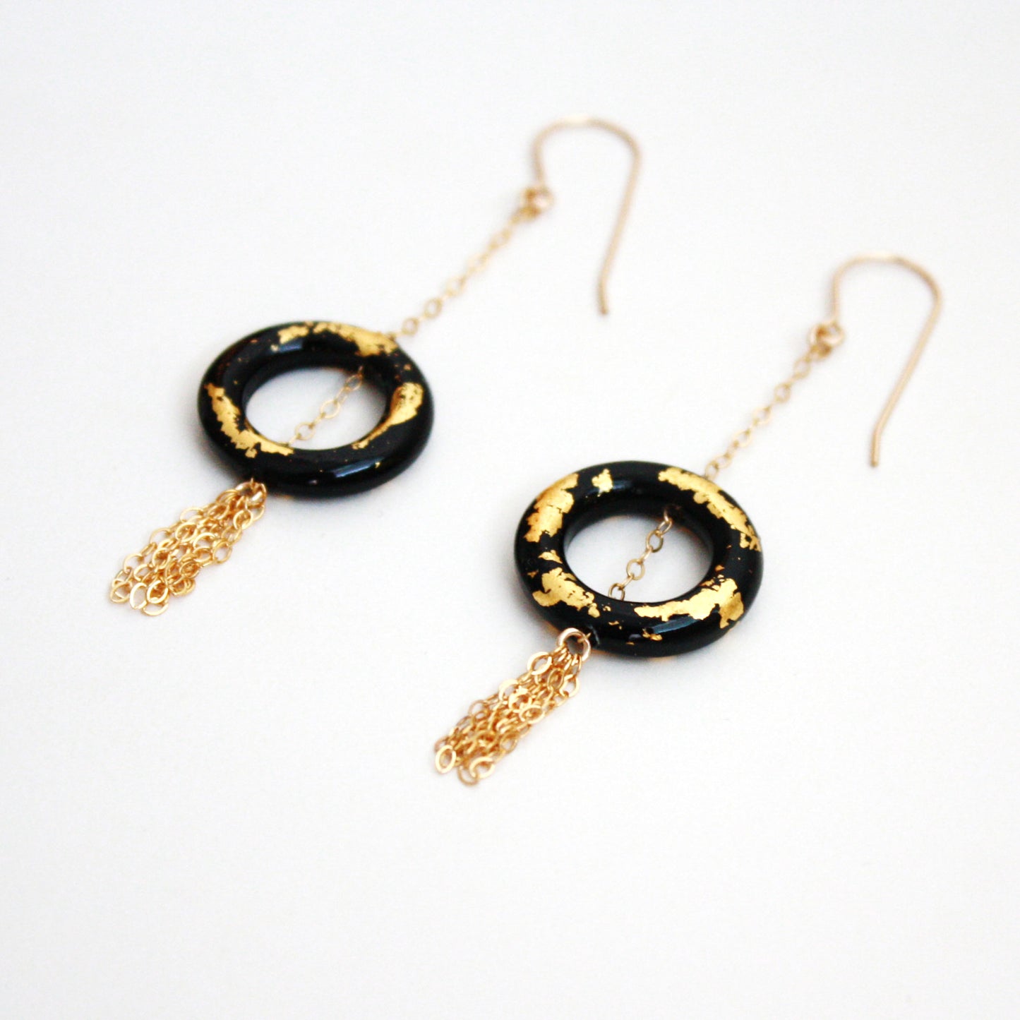 Gold Leaf Earrings - Ring & Tassel - Black