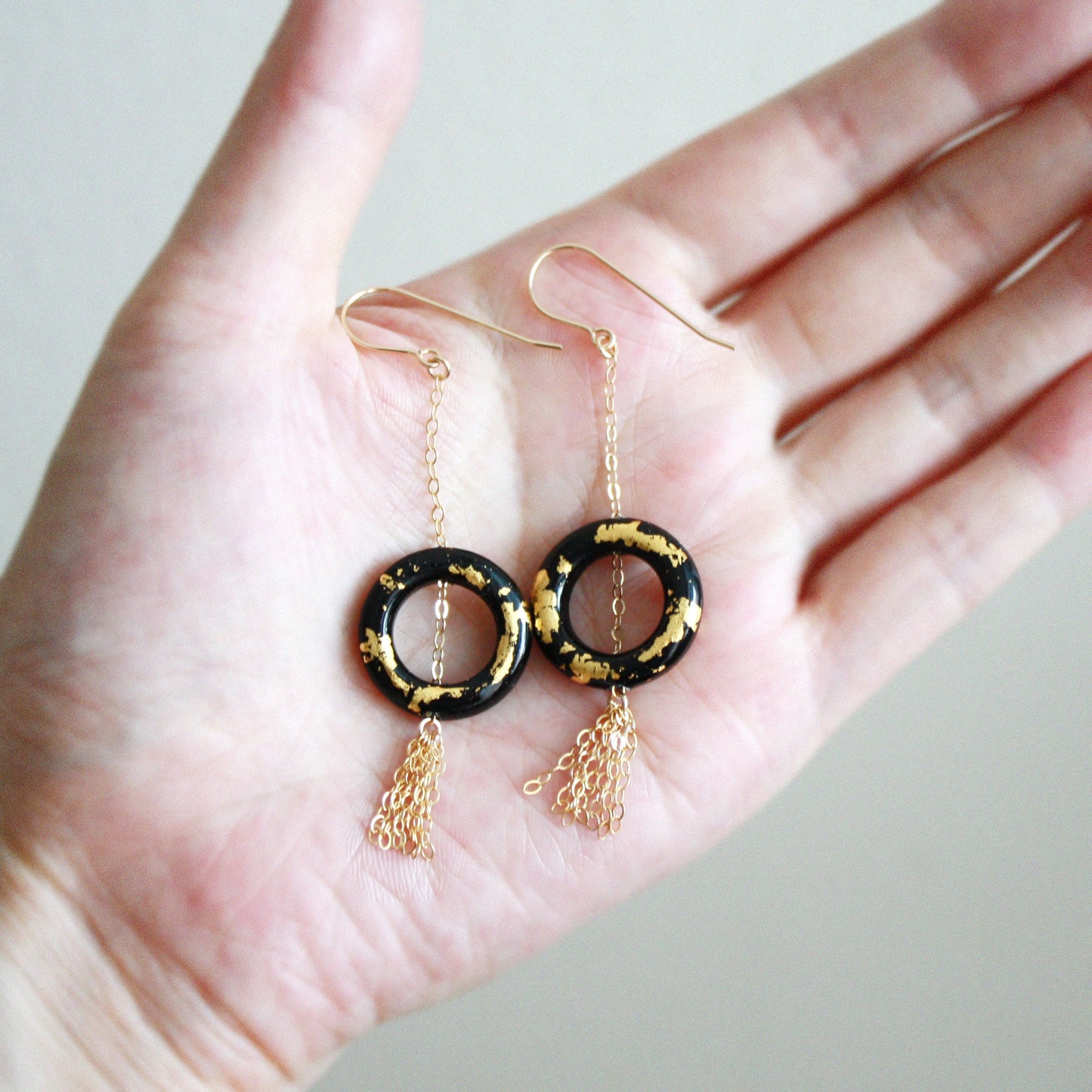 Gold Leaf Earrings - Ring & Tassel - Black