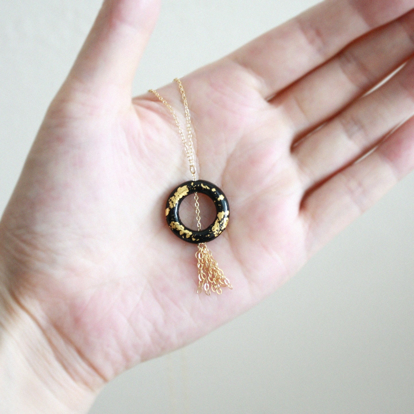 Gold Leaf Necklace - Ring & Tassel - Black