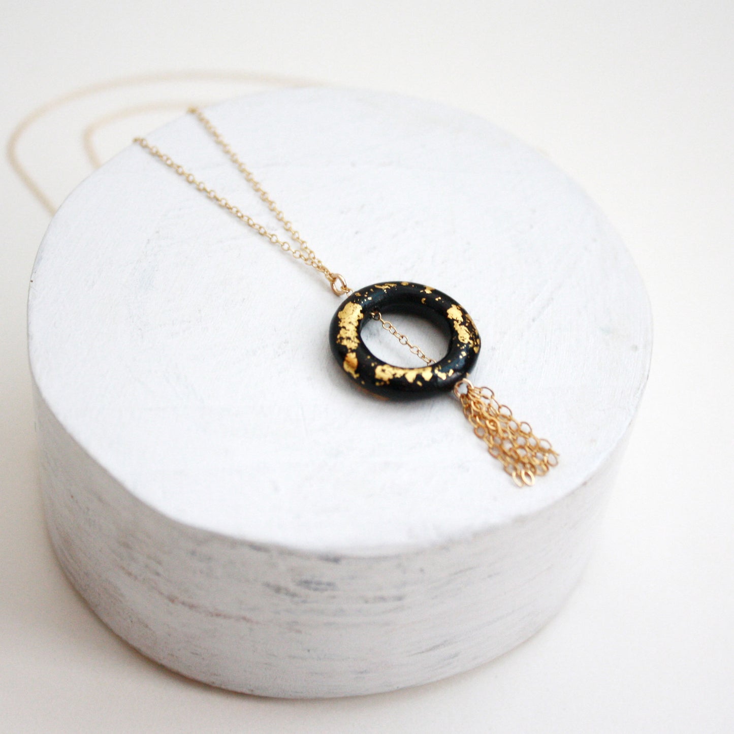 Gold Leaf Necklace - Ring & Tassel - Black