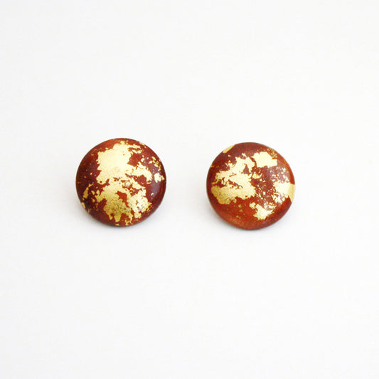 Wood Stud Earrings with Gold Leaf - Round