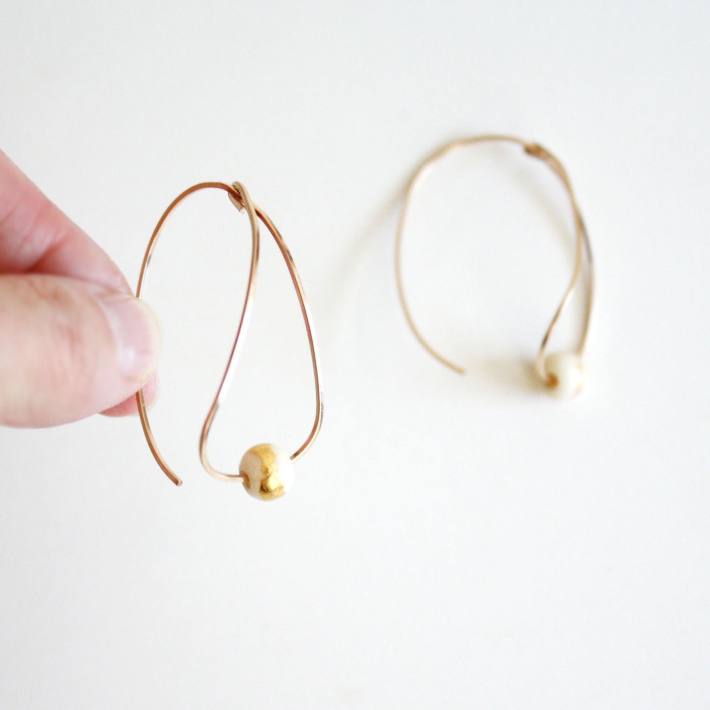 Teardrop Hoop Earrings - Gold Leaf - White
